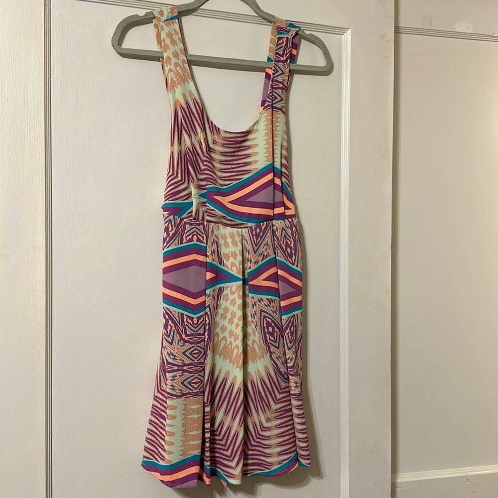 Geometric Pastel Print Dress with Low Back, Tie Back, & Double Strap - size S